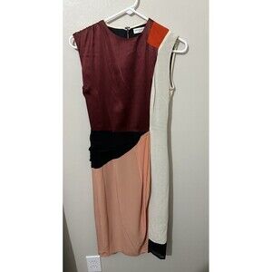 Dries Van‎ Noten 100% Silk Midi Sleeveless Dress Size 6 Lena Dunham Colorblock